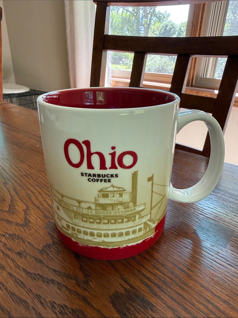 Starbucks Ohio Cream and Red Ceramic Travel Mug